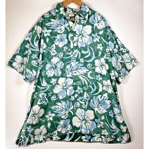 Vintage Go Barefoot Hawaiian Shirt Men 2XL Green White Popover Floral Leaf Aloha